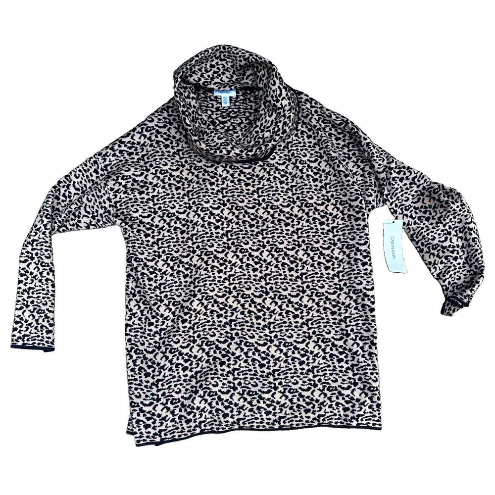 Calvin Klein Womens XL Leopard Print Cowl Neck Sweater NWT Black Beige Knit